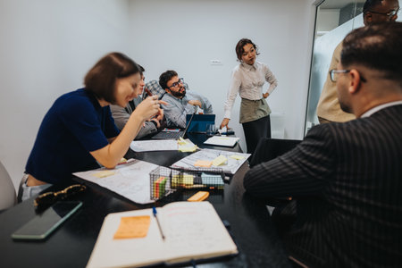 Diverse team brainstorming and discussing project in modern office
