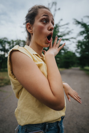 Surprised young woman reacting outdoors with hand on face in park