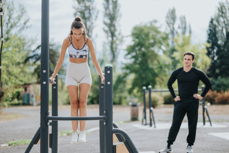 Outdoor fitness training with a woman exercising on parallel bars while a trainer observes