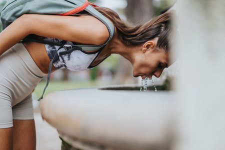 Woman Drinking Water from Park Fountain During Outdoor Workoutの写真素材