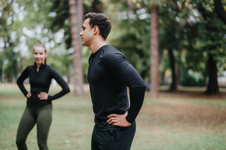 Two individuals warming up in a lush green outdoor parkの写真素材