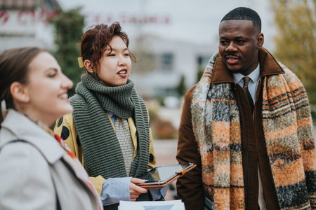 Diverse group of business people networking outdoors in winter clothingの写真素材