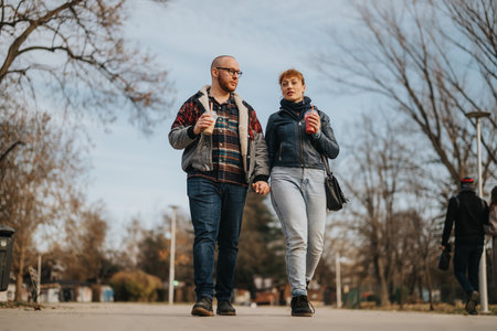 Couple walking in a park holding hands and enjoying a casual conversationの写真素材
