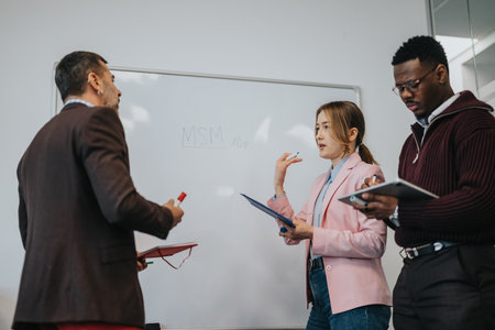Group of professionals attending a collaborative whiteboard planning session