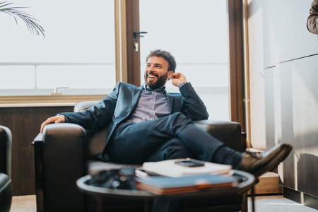 Professional man relaxing in a modern office settingの写真素材