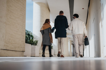 Three people walking in urban corridor with modern architectural details
