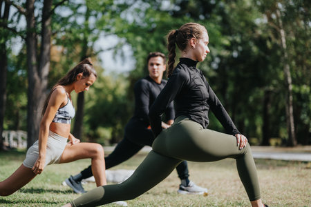Group fitness session in a park performing stretching exercises together