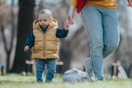 Young toddler walking in a park while holding hands with an adult, highlighting love and caring...