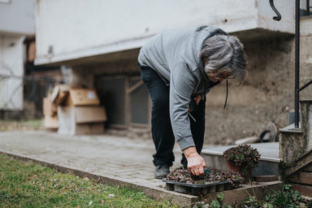 Elderly woman tending to small plants on outdoor steps