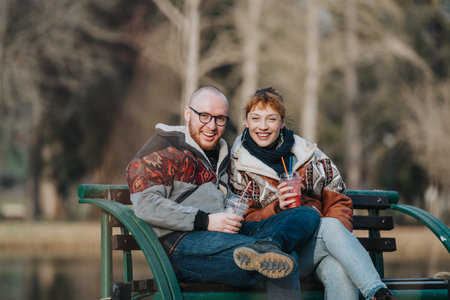 Smiling couple enjoying drinks together outdoors on a sunny day.