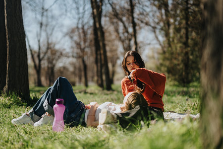 Two friends enjoying a tranquil moment in a park on a sunny day