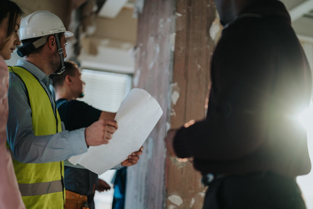 Team of construction professionals reviewing plans on site for upcoming renovation project