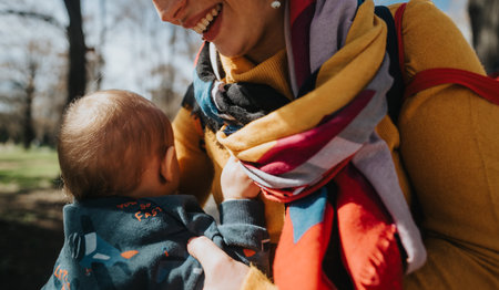 Close-up of a mother carrying her baby in a park on a sunny day, showing warmth and love
