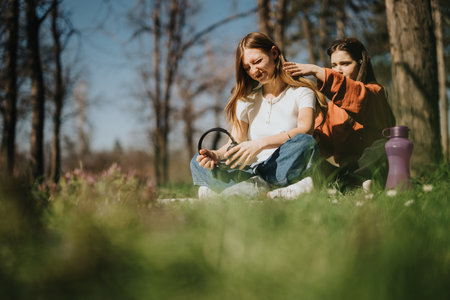 Friends enjoying a relaxing day outdoors in a sunny park surrounded by natureの写真素材
