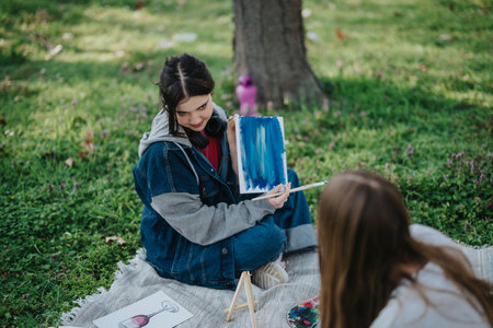 Two young friends enjoying painting together outdoors in a tranquil park setting