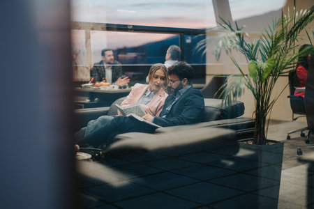 Two business professionals discussing ideas in a modern office lounge during sunsetの写真素材
