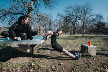 Man Exercising Outdoors Supported by Woman on Sunny Day in Park
