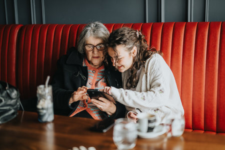 Senior woman and young woman sharing a moment together looking at a smart phone in a cozy restaurant...