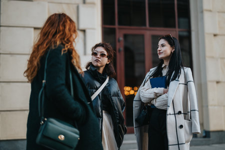 Three businesswomen having an outdoor conversation in a city environment