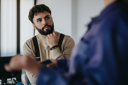 Focused businessman attends meeting in professional office setting