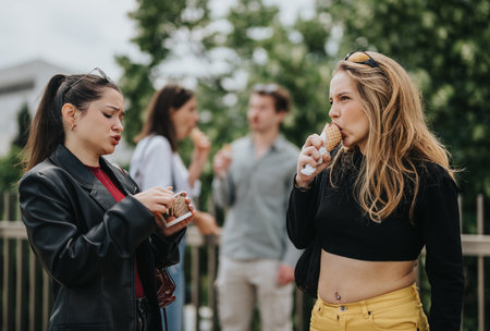 Friends enjoying ice cream outdoors on a sunny dayの写真素材