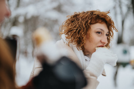 Friends enjoying a snack together on a snowy winter day
