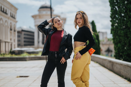 Two stylish friends posing outdoors in urban environment in casual attireの写真素材