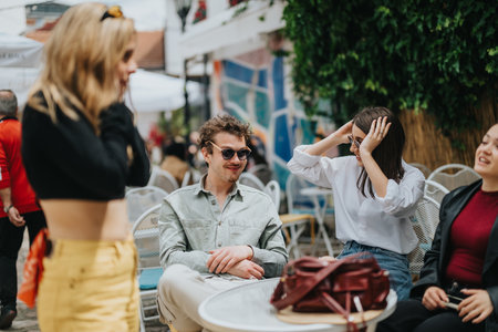 Group of friends enjoying a casual outdoor conversation at a cafeの写真素材