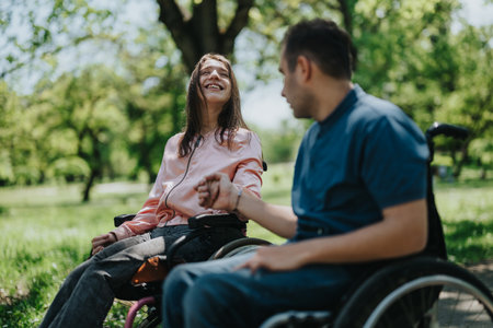 A couple in wheelchairs enjoying a sunny day outdoor, sharing a happy moment in a parkの写真素材