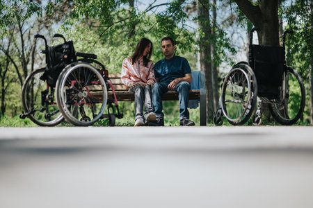Couple Sitting Together on Park Bench With Wheelchairs Nearby in a Sunny Green Park