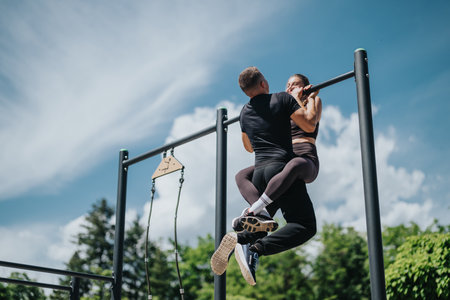 Couple exercising on pull-up bars in the park under a bright blue sky