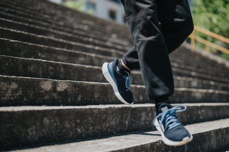 Athletic person jogging upstairs in a park with focus on sneakers