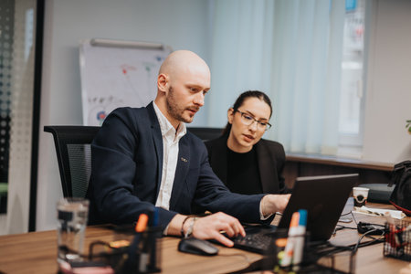 Professional coworkers collaborating on a laptop during a business meeting in a modern office...