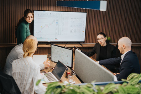 Business team collaborating in an office setting, analyzing financial data on multiple screens.