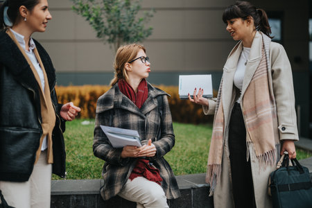 Three businesswomen networking outdoors while discussing documents and ideasの写真素材