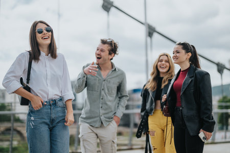 Group of casual friends enjoying outdoor city setting and laughing togetherの写真素材
