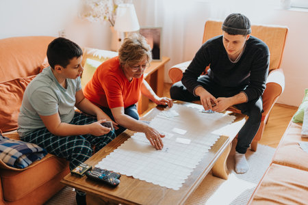 Elderly Woman Enjoying a Board Game with Family in a Cozy Living Room Setting