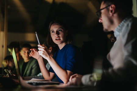 Diverse group includes multigenerational colleagues working together in a dimly lit office.の写真素材