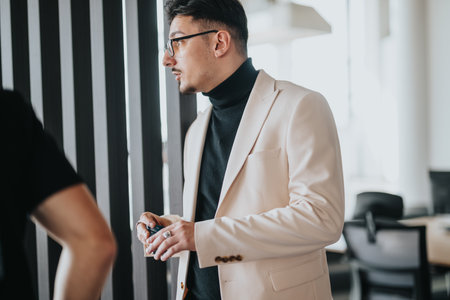 Businessman in modern office wearing stylish neutral suit and glassesの写真素材