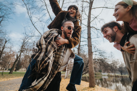 Group of friends enjoying fun activities together in an autumn park