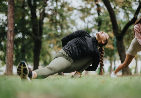 Group of individuals practicing yoga outdoors in a tranquil forested setting