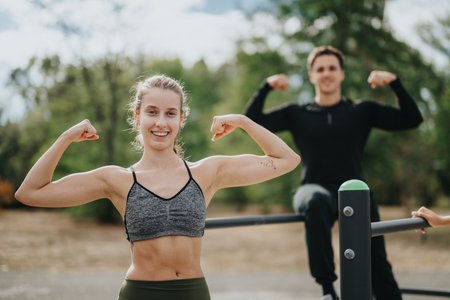 Young couple exercising outdoors demonstrating strength and fitness