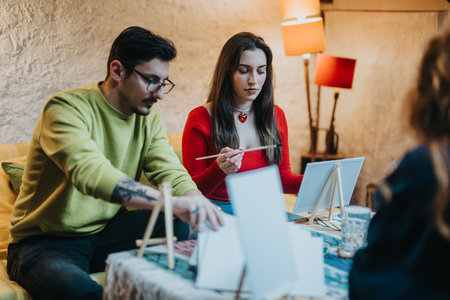 Group of friends engaged in painting activity in informal setting