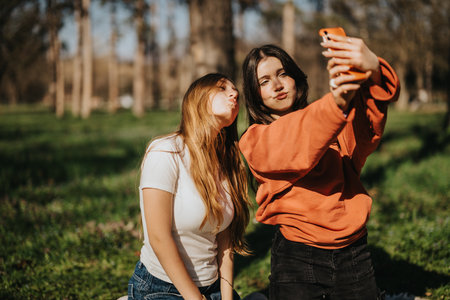 Two friends taking a self-portrait while enjoying a sunny day in the park