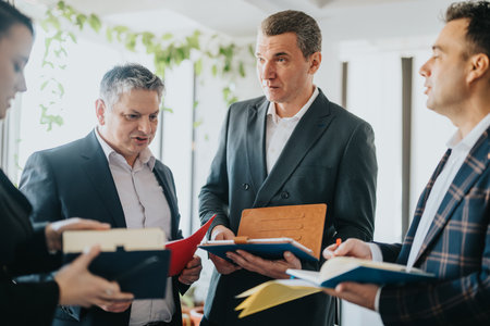 Professional team discussing during a business meeting with documents in hand