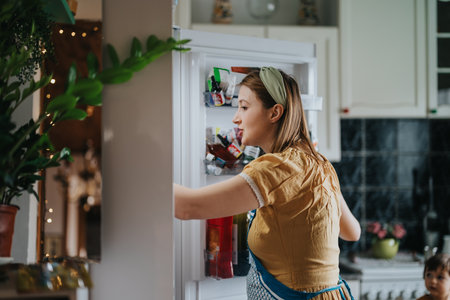 Woman in a kitchen opening the refrigerator door while wearing a headband and apron during a sunny dayの写真素材