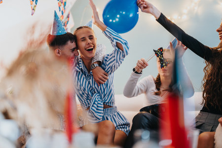 Group of friends celebrating a birthday party in a cheerful and lively atmosphere