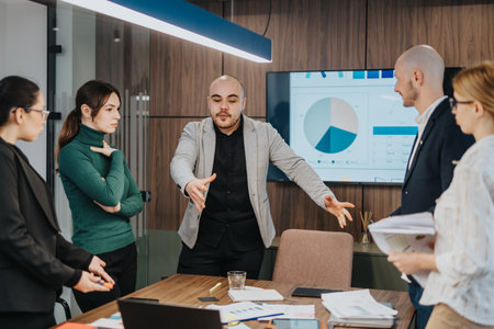 Team members brainstorming in modern office environment with presentation screen in background
