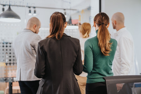 Rear view of business people collaborating during a meeting in a modern office