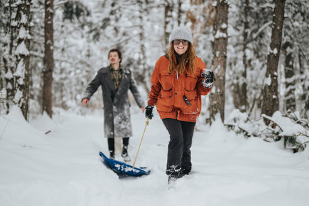 Couple enjoying snow activity in a winter forest during a bright and cold day